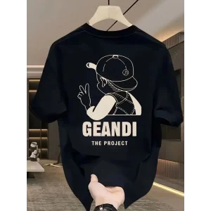 Geniş Kesim Pamuklu Tişört - GANDHI The Project Baskılı Siyah Kesim Kısa Kollu - Siyah