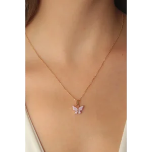 Gold Lila Renk Kelebek Figür Kadın Kolye