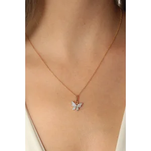 Gold Mavi Renk Kelebek Figür Kadın Kolye