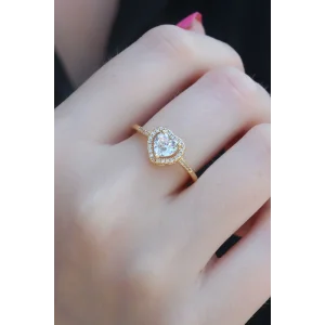 Gold Renk Zirkon Taşlı Kalp Model Charm Pirinç Kadın Yüzük