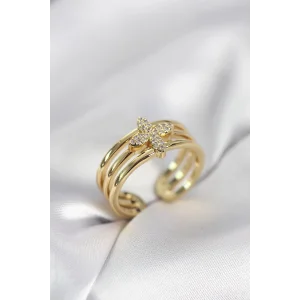 Gold Renk Zirkon Taşlı Yonca Model Kadın Yüzük