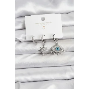 Göz Model Gümüş Renk Pirinç 3lü Kadın Küpe Seti