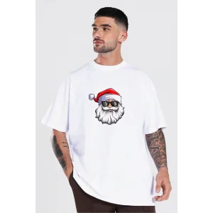 Erkek Yılbaşı Tişört Kısa kol Yazlık Gözlüklü Noel Baba Baskılı T-shirt - Beyaz
