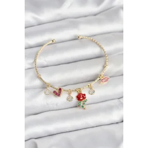 Gül Charmlı Gold Renk Pirinç Kadın Bileklik