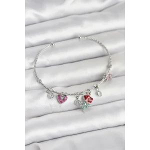 Gül Charmlı Gümüş Renk Pirinç Kadın Bileklik