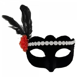 Gümüş Dantelli Kırmızı Gül Tasarımlı Parti Maskesi