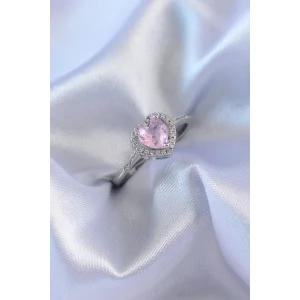 Gümüş Renk Pembe Zirkon Taşlı Kalp Charm Model Pirinç Kadın Yüzük