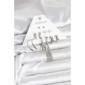 Gümüş Renk Pirinç 6 Çiftli Kadın Küpe Seti