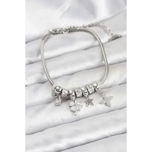Gümüş Renk Pirinç Yonca Charmlı Kadın Bileklik
