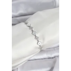 Gümüş Renk Zirkon Taşlı Sıralı Yonca Model Asansörlü Kadın Bileklik