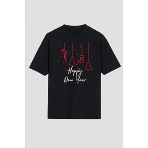Yılbaşı Tişört Happy New Year Baskılı T-shirt - Siyah