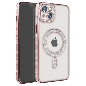 İphone 15 Kılıf Joke Simli Magneticsafe Kılıf - Pembe