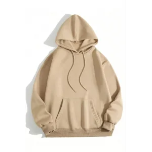 Kadın Kapüşonlu Kanguru Cepli 3 İplik Pamuklu Düz Hoodie Sweatshirt - Bej