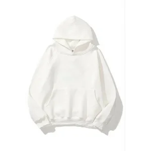 Kadın Kapüşonlu Kanguru Cepli 3 İplik Pamuklu Düz Hoodie Sweatshirt - Beyaz