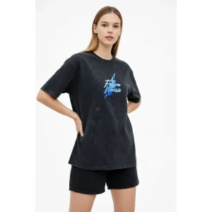 Kadın Asit Yıkamalı Oversize Tişört Bisiklet Yaka Kısa Kol T-shirt - Siyah