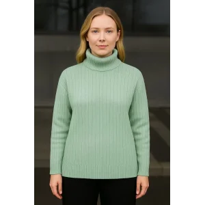 Kadın Balıkcı Yaka Bağazlı Triko Kazak Pamuklu Kalın Fitilli Dokuma - Mint Yeşili