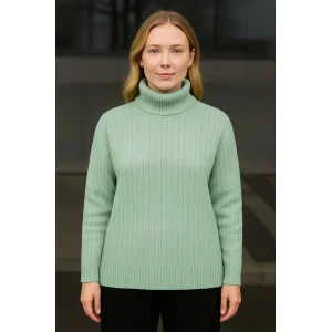 Kadın Tam Boğazlı Balıkçı Yaka Triko Kazak Kalın Fitilli - Mint Yeşili