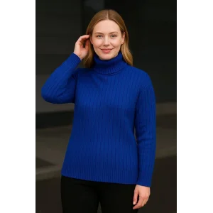 Kadın Balıkcı Yaka Bağazlı Triko Kazak Pamuklu Kalın Fitilli Dokuma - Saks Mavisi