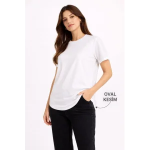 Kadın Basic T-Shirt Kısa Kol Bisiklet Yaka Oval Kesim Tişört - Beyaz