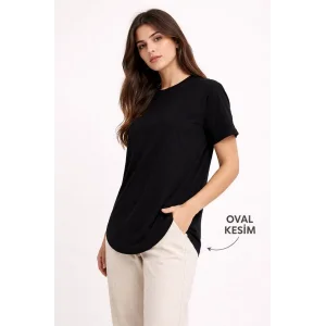 Kadın Basic T-Shirt Kısa Kol Bisiklet Yaka Oval Kesim Tişört - Siyah
