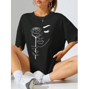 Kadın Tişört Baskılı Kısa kol Oversize T-shirt - Siyah