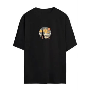 Kadın Baskılı T-Shirt Kısa Kol Bisiklet Yaka Oversize Rahat Kalıp Tişört - Siyah