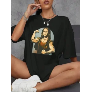 Kadın Baskılı T-Shirt Kısa Kol Bisiklet Yaka Oversize Rahat Kalıp Tişört - Siyah