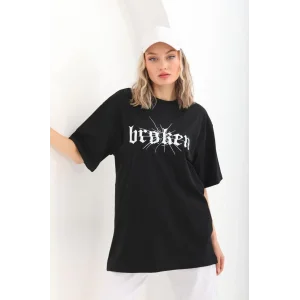 Kadın Kısa Kol Yazlık Tişört Bisiklet Yaka Baskılı Oversize T-Shirt - Siyah