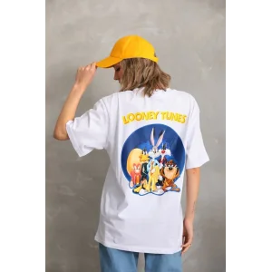 Kadın Kısa Kol Yazlık Tişört Bisiklet Yaka Baskılı Oversize T-Shirt - Beyaz