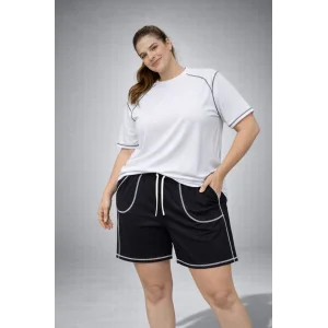 Kadın Battal Beden Kısa Kollu Tişört Şort Takım Kontrast Dikiş Detaylı Günlük Ev Giyimi - Beyaz