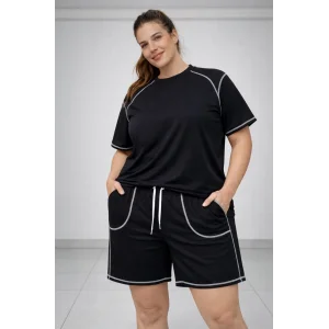 Kadın Battal Beden Kısa Kollu Tişört Şort Takım Kontrast Dikiş Detaylı Günlük Ev Giyimi - Siyah