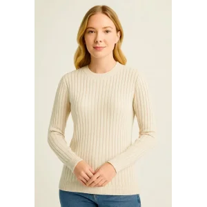 Kadın Bisiklet Yaka Triko Kazak Pamuklu Kalın Fitilli Dokuma Regular Fit - Bej