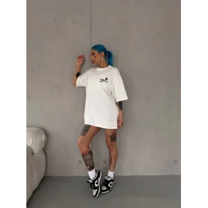 Kadın Bisiklet Yaka Baskılı Kısa kol Oversize T-Shirt - Beyaz