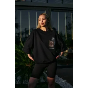 kadın Bisiklet Yaka Baskılı  Kısa kol Oversize T-Shirt - Siyah