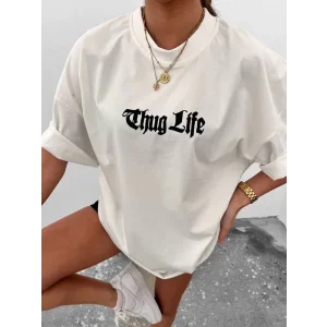 Kadın Bisiklet Yaka Baskılı Oversize  Kısa kol T-Shirt - Beyaz