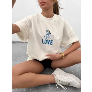 kadın Bisiklet Yaka Baskılı oversize  Kısa kol T-Shirt - Beyaz