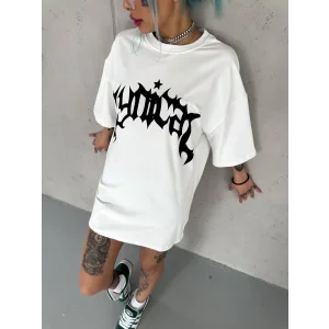 kadın Bisiklet Yaka Baskılı Oversize  Kısa kol T-Shirt - Beyaz
