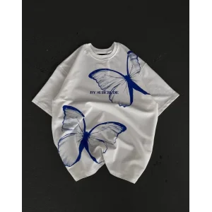 kadın  Bisiklet Yaka Baskılı Oversize T-Shirt - Beyaz