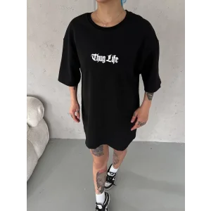 Kadın Kısa Kol Yazlık Tişört Bisiklet Yaka Baskılı Oversize T-Shirt -  Siyah