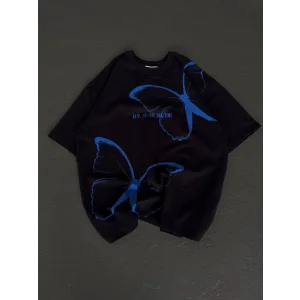 kadın Bisiklet Yaka Baskılı Oversize T-Shirt - Siyah