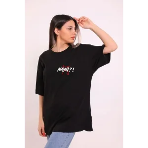 Kadın Kısa Kol Yazlık Tişört Bisiklet Yaka Baskılı Oversize T-Shirt - Siyah