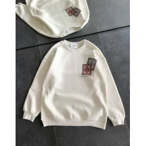 Kadın Bisiklet Yaka Kilim Halı Baskılı 3 İplik Pamuklu Sweatshirt - Beyaz