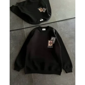 Kadın Bisiklet Yaka Kilim Halı Baskılı 3 İplik Pamuklu Sweatshirt - Siyah