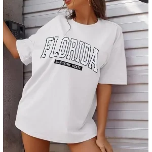 Kadın Kısa Kol Yazlık Tişört Bisiklet Yaka FLORIDA Baskılı T-Shirt - Beyaz