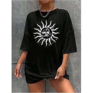 Kadın Baskılı T-Shirt Kısa Kol Bisiklet Yaka Regular Fit Rahat Kalıp Tişört - Siyah