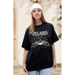 Kadın Baskılı T-Shirt Kısa Kol Bisiklet Yaka Oversize Rahat Kalıp Tişört - Siyah
