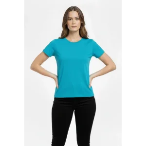 Kadın T-Shirt Bisiklet Yaka Slim Fit Likralı Tişört Yazlık Basic Body - Turkuvaz
