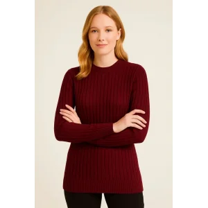 Kadın Bisiklet Yaka Triko Kazak Pamuklu Kalın Fitilli Dokuma Regular Fit - Bordo
