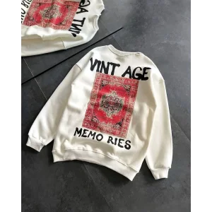 Kadın Bisiklet Yaka 3 İplik Baskılı Oversize SweatShirt - Beyaz