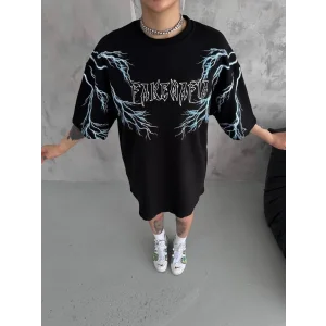 Kadın Bisiklet Yaka Yıldırım Baskılı  Kısa kol Oversize T-Shirt - Siyah